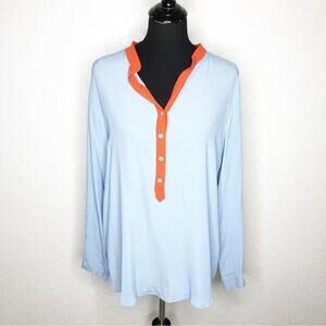 Marella‎ light blue orange trim button front popover silk blend top size 12